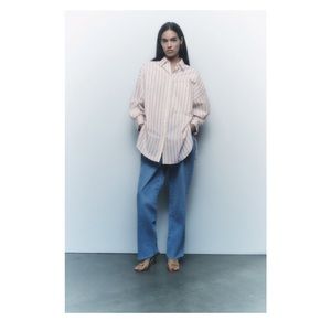 Zara Pink and White Striped Button-Down Shirt